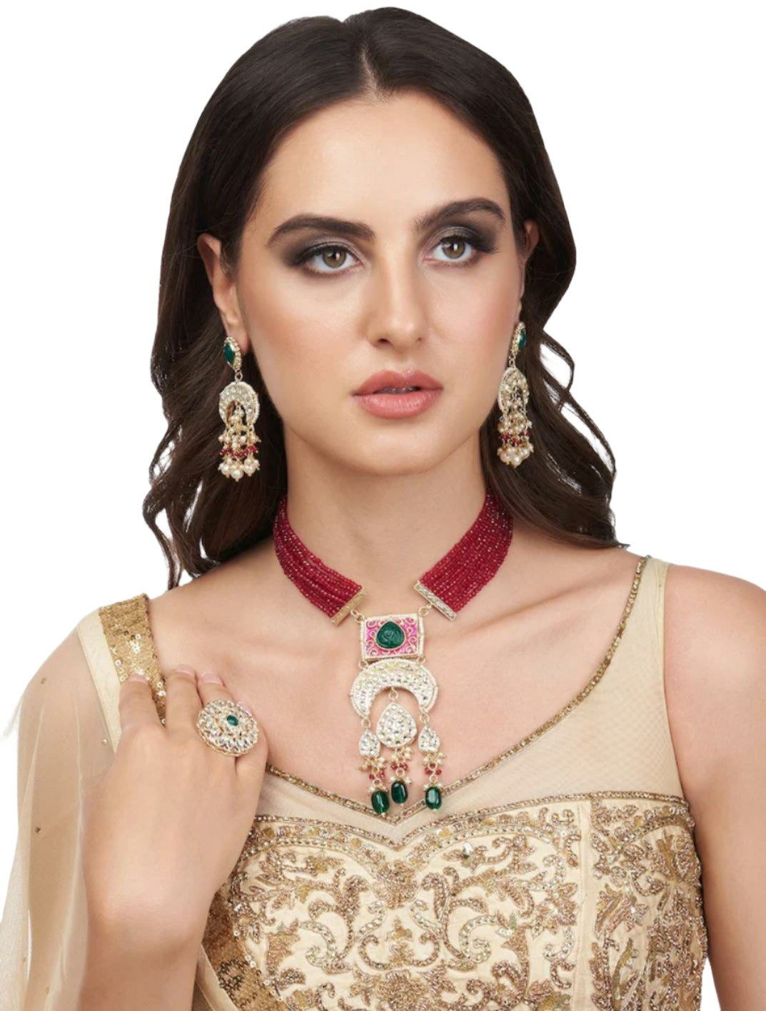 Gold Plated Pink & Green Stone-Studded & Pearl Beaded Jewellery Set