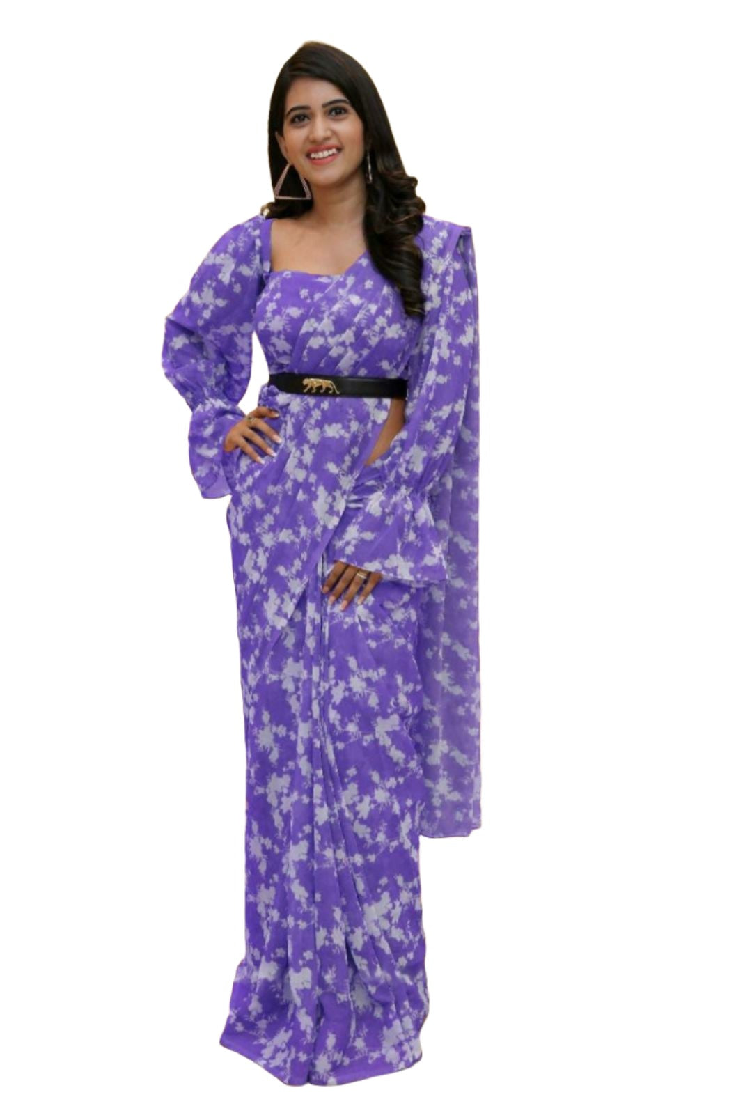 Saree in georgette with digital print and fancy fully stitched blouse with long sleeve