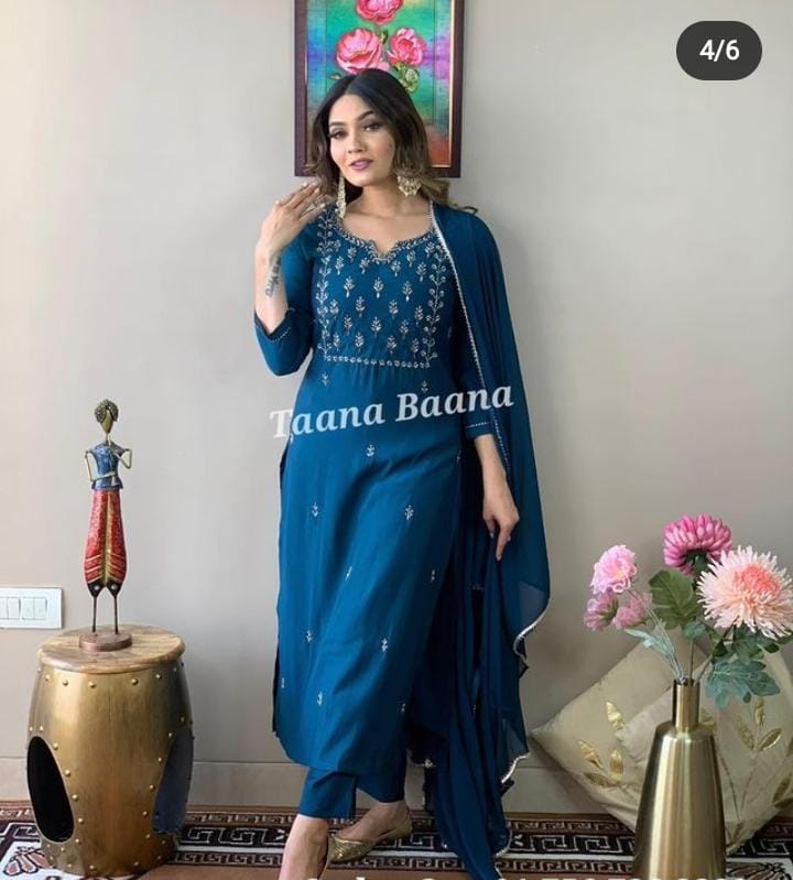 Rayon Slub Kurti with sliver thread work with Pant and Dupatta