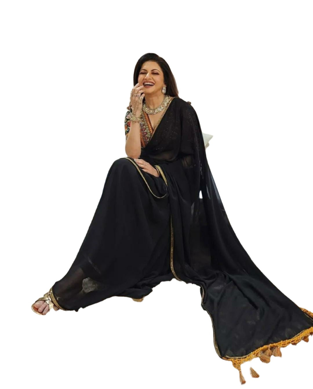 SAREE GEORGETTE DESIGNER WEAR BLACK MAGIC FAUX  WITH STITCHED HEAVY SEQUANCE EMBROIDERED WORK BLOUSE