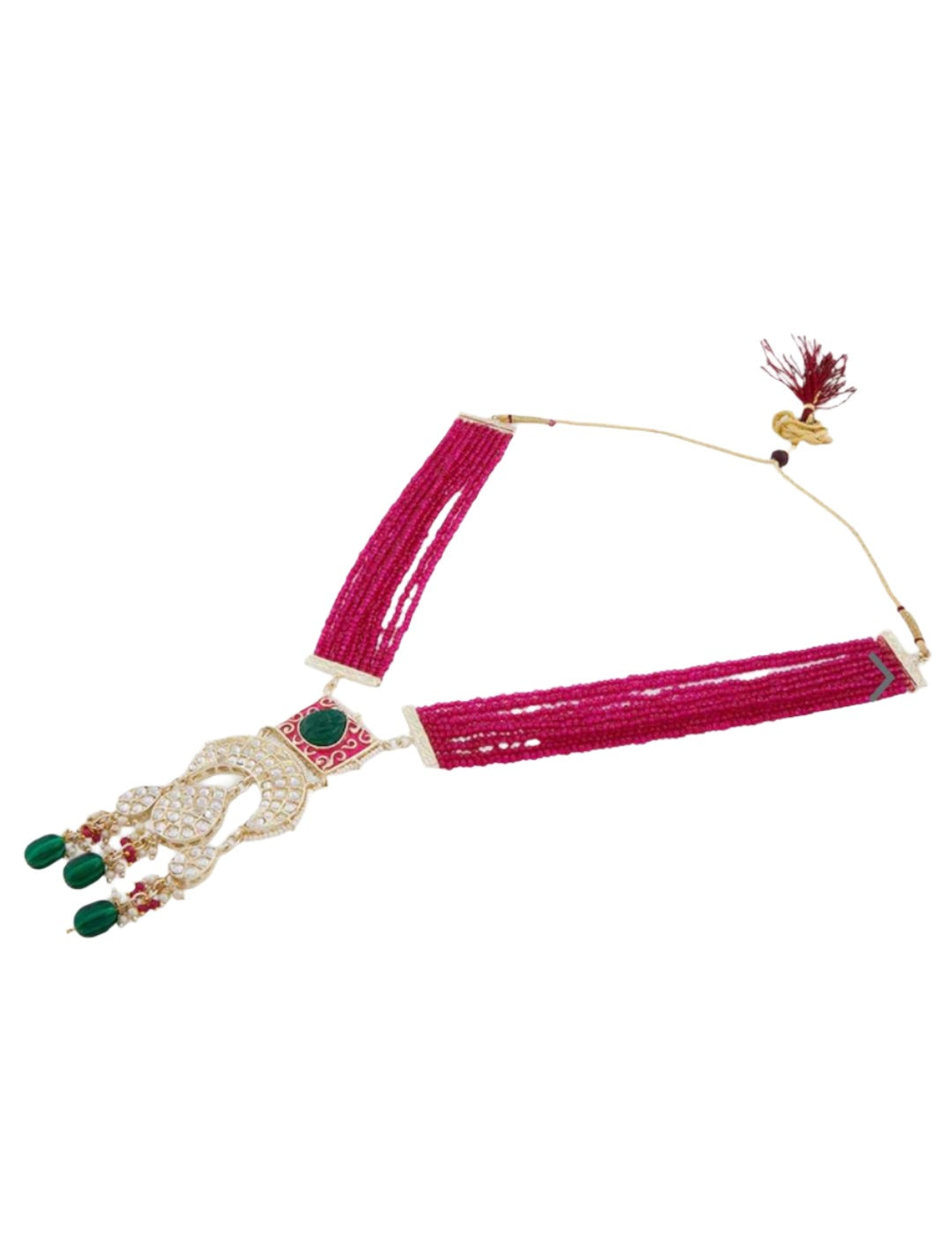 Gold Plated Pink & Green Stone-Studded & Pearl Beaded Jewellery Set