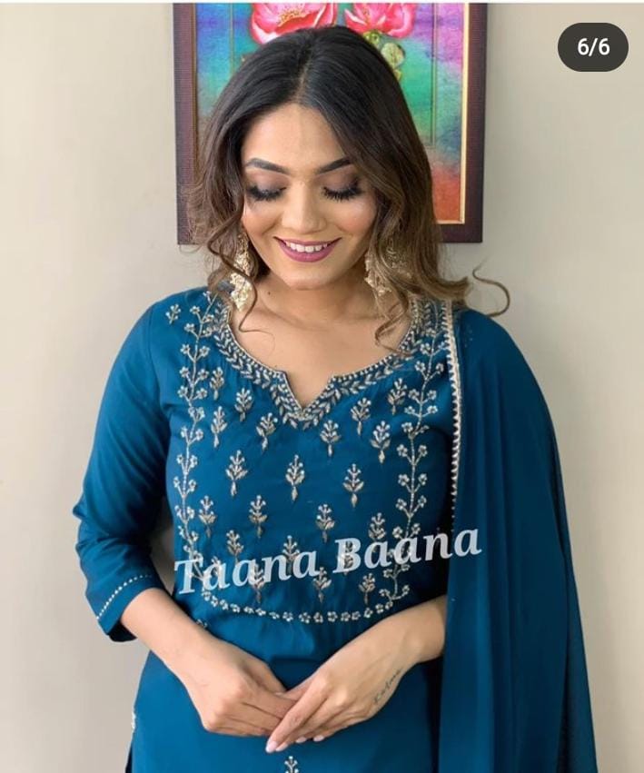 Rayon Slub Kurti with sliver thread work with Pant and Dupatta