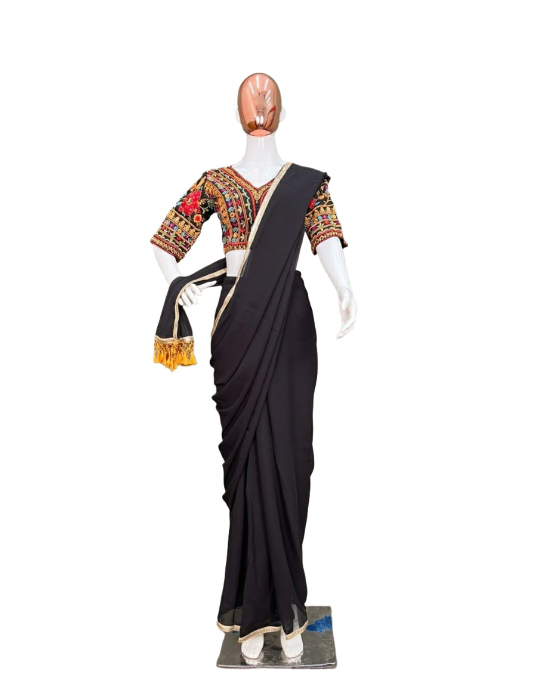 SAREE GEORGETTE DESIGNER WEAR BLACK MAGIC FAUX  WITH STITCHED HEAVY SEQUANCE EMBROIDERED WORK BLOUSE