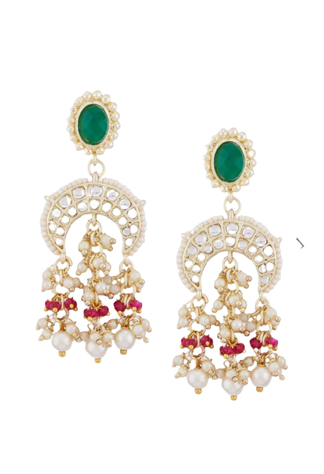 Gold Plated Pink & Green Stone-Studded & Pearl Beaded Jewellery Set