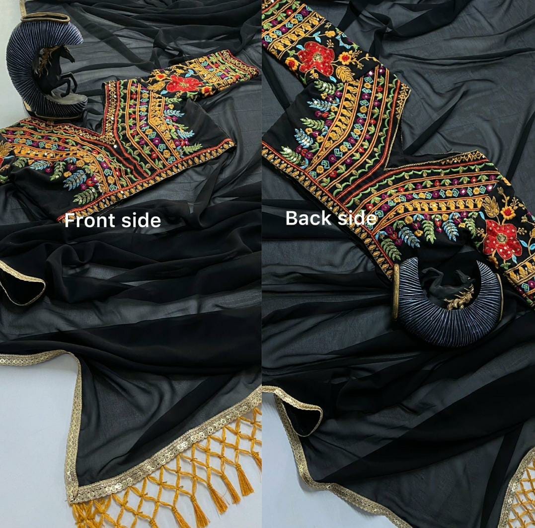 SAREE GEORGETTE DESIGNER WEAR BLACK MAGIC FAUX  WITH STITCHED HEAVY SEQUANCE EMBROIDERED WORK BLOUSE
