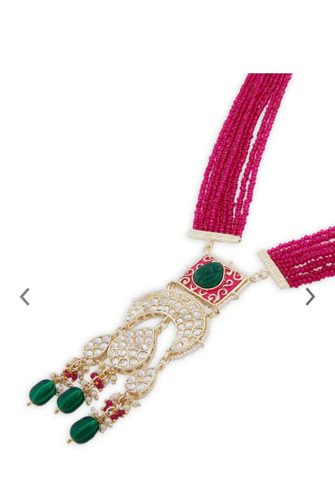 Gold Plated Pink & Green Stone-Studded & Pearl Beaded Jewellery Set