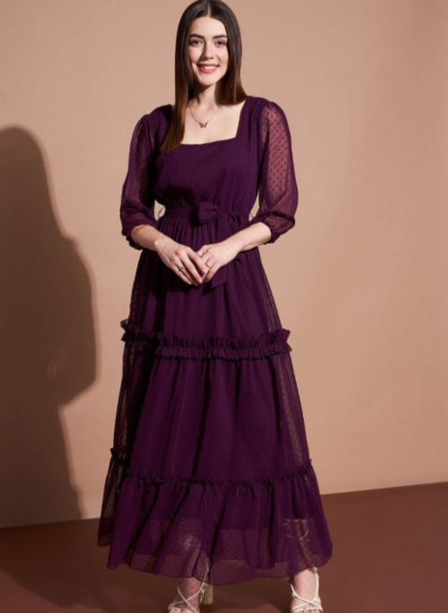 Square Neck Puff Sleeves Tiered Ruffled Georgette Maxi Dress in Berlin