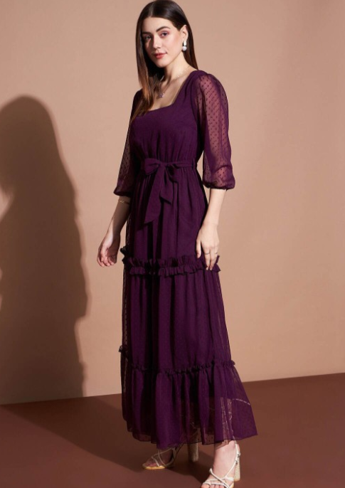 Square Neck Puff Sleeves Tiered Ruffled Georgette Maxi Dress in Berlin