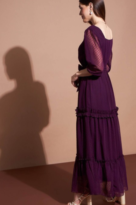 Square Neck Puff Sleeves Tiered Ruffled Georgette Maxi Dress in Berlin
