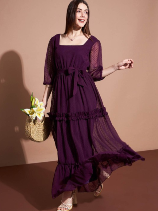 Square Neck Puff Sleeves Tiered Ruffled Georgette Maxi Dress in Berlin