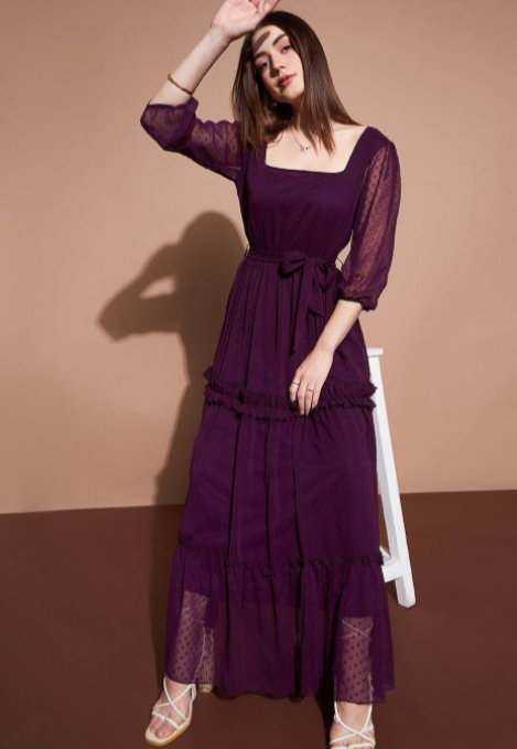 Square Neck Puff Sleeves Tiered Ruffled Georgette Maxi Dress in Berlin