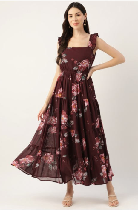 Maroon Floral Georgette A-Line Maxi Dress in Munich