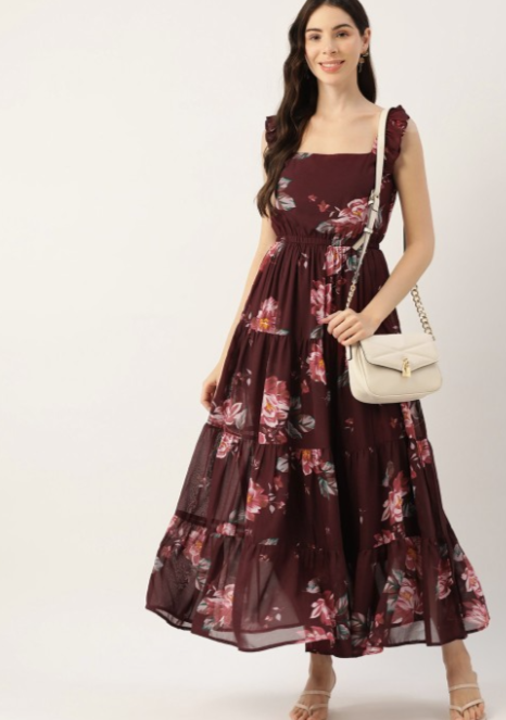 Maroon Floral Georgette A-Line Maxi Dress in Munich
