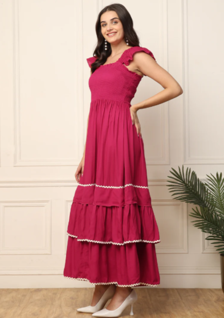 MAGENTA TIERED SMOCKED WOMEN MAXI DRESS IN GERMANY
