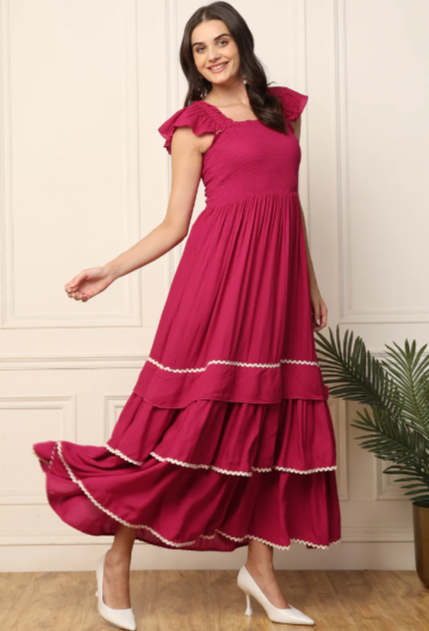 MAGENTA TIERED SMOCKED WOMEN MAXI DRESS IN GERMANY