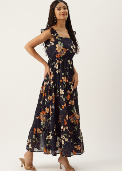 Floral Print Georgette A-Line Maxi Dress in Berlin