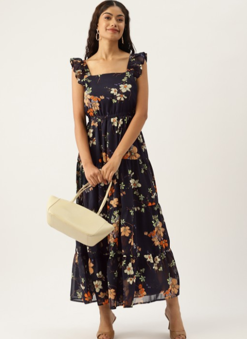Floral Print Georgette A-Line Maxi Dress in Berlin
