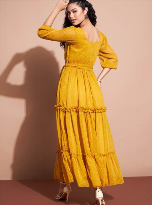 Self Design V-Neck Puff Sleeves Ruffled Tiered Fit & Flare Maxi Dress in Germany