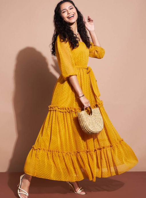 Self Design V-Neck Puff Sleeves Ruffled Tiered Fit & Flare Maxi Dress in Germany