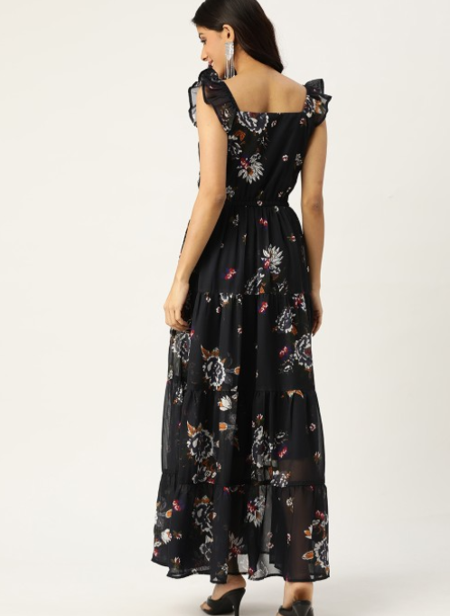 Navy Blue & White Floral Print Tiered Maxi Dress in Germany