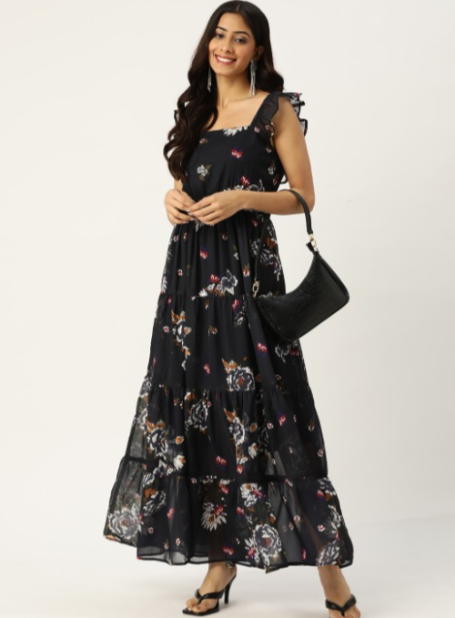 Navy Blue & White Floral Print Tiered Maxi Dress in Germany