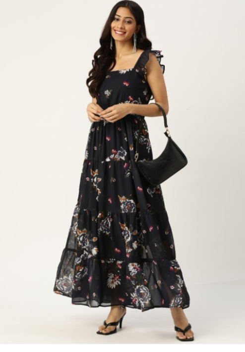 Navy Blue & White Floral Print Tiered Maxi Dress in Germany