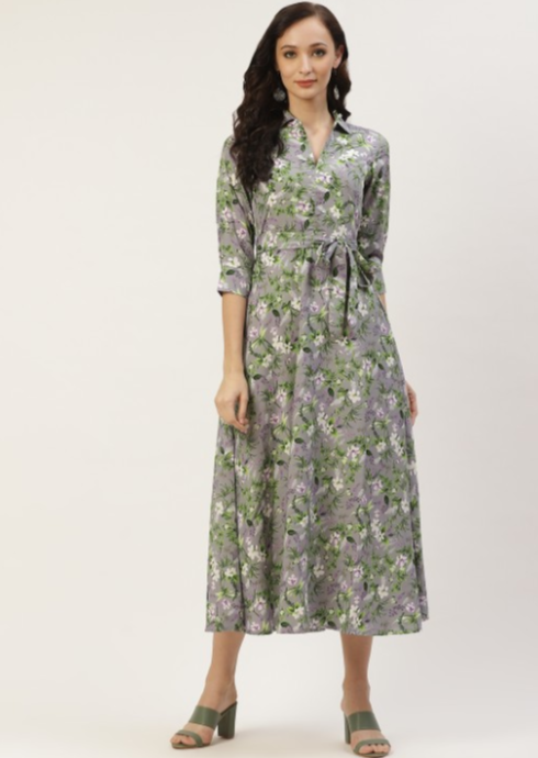 Grey & White Floral Crepe Midi Dress in Berlin