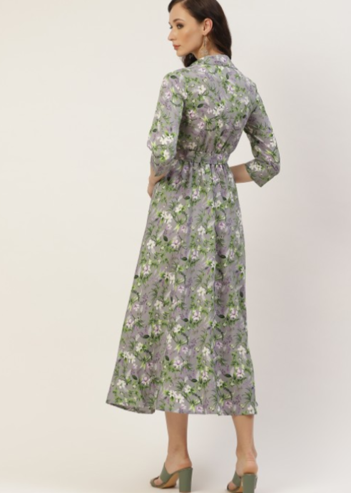 Grey & White Floral Crepe Midi Dress in Berlin