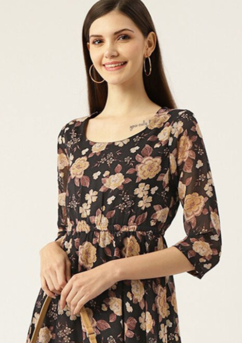 Black Floral Printed Georgette Fit & Flare Midi Dress in Berlin