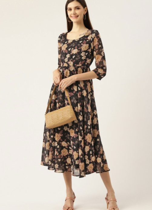 Black Floral Printed Georgette Fit & Flare Midi Dress in Berlin