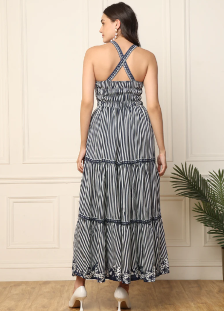 Blue Striped with Border Printed Women Tiered Maxi Dress embroidery and fabric detail - Neha Couture Indian Fashion