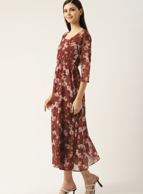 Maroon Floral Georgette Maxi Dress in Munich