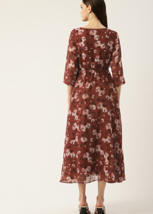 Maroon Floral Georgette Maxi Dress in Munich