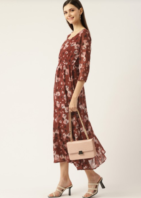 Maroon Floral Georgette Maxi Dress in Munich