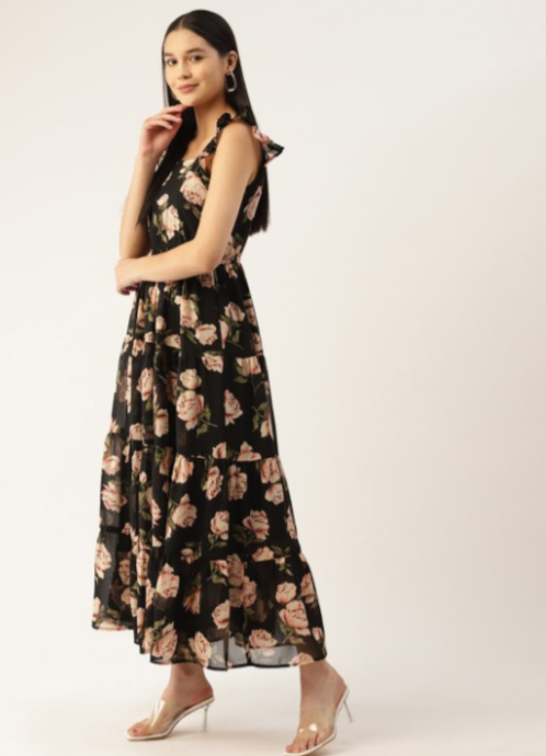 Black Floral Printed Flutter Sleeves Georgette Tiered Gathered Maxi Dress in Munich