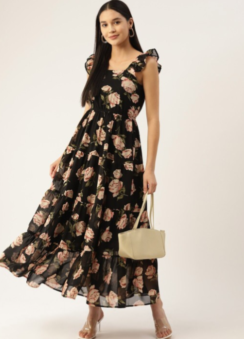 Black Floral Printed Flutter Sleeves Georgette Tiered Gathered Maxi Dress in Munich