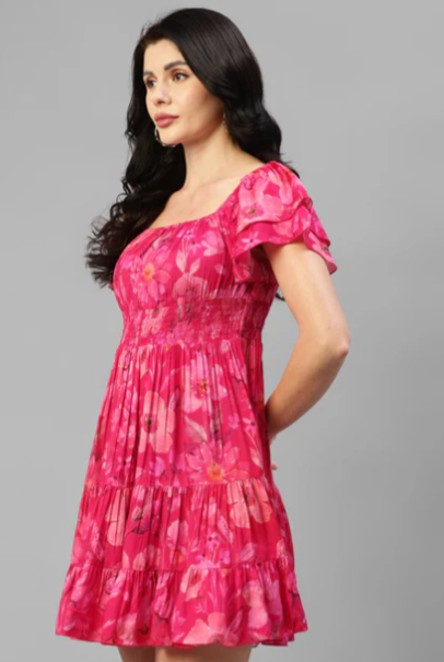 Viscose Muslin Foil Printed Women's Tiered Dress embroidery and fabric detail - Neha Couture Indian Fashion