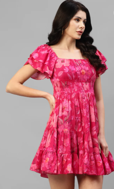VISCOSE MUSLIN FOIL PRINTED WOMEN'S TIERED DRESS In Munich