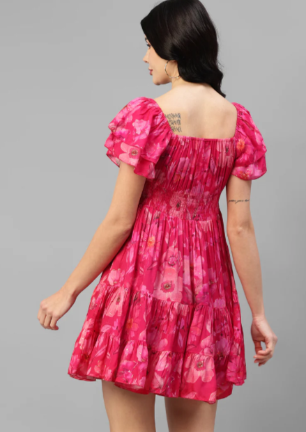 VISCOSE MUSLIN FOIL PRINTED WOMEN'S TIERED DRESS In Munich