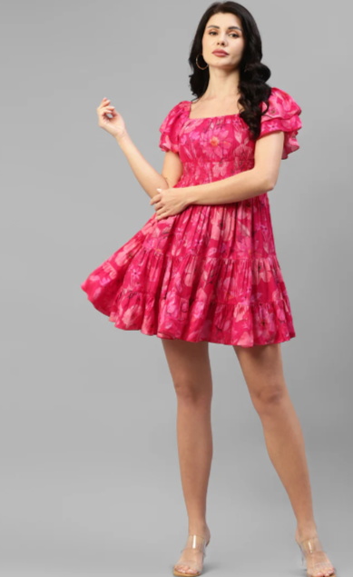 VISCOSE MUSLIN FOIL PRINTED WOMEN'S TIERED DRESS In Munich