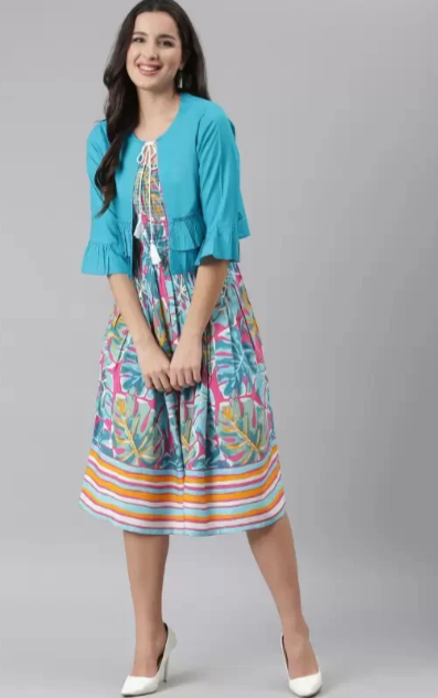 Women Printed Rayon  Round Neck Calf Length Dress in Germany