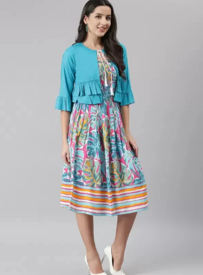 Women Printed Rayon  Round Neck Calf Length Dress in Germany