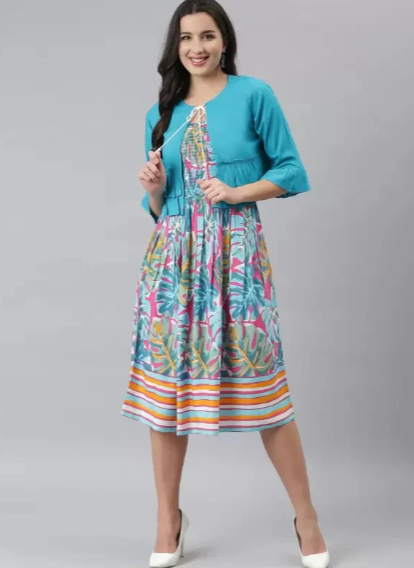 Women Printed Rayon  Round Neck Calf Length Dress in Germany