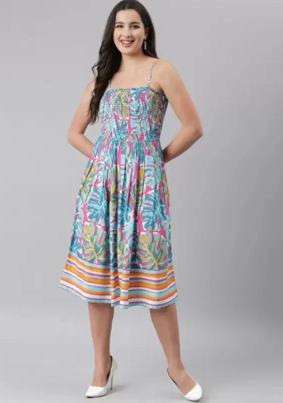 Women Printed Rayon  Round Neck Calf Length Dress in Germany