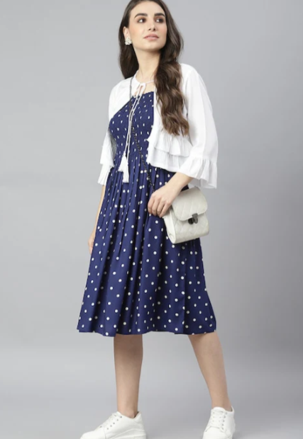 BLUE POLKA DRESS WITH-RUFFLED SHRUG IN MUNICH
