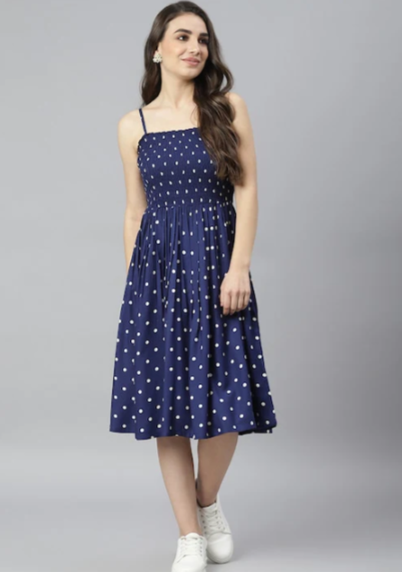 BLUE POLKA DRESS WITH-RUFFLED SHRUG IN MUNICH