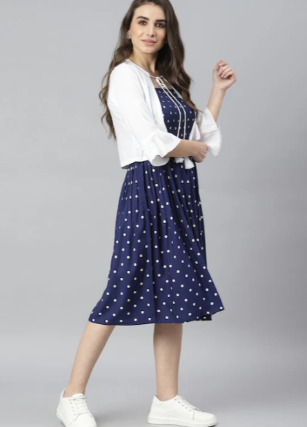 BLUE POLKA DRESS WITH-RUFFLED SHRUG IN MUNICH