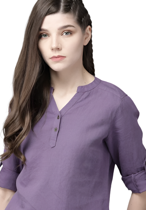 The Lifestyle Co Purple Cotton Linen Solid Mandarin Collar Top in Munich