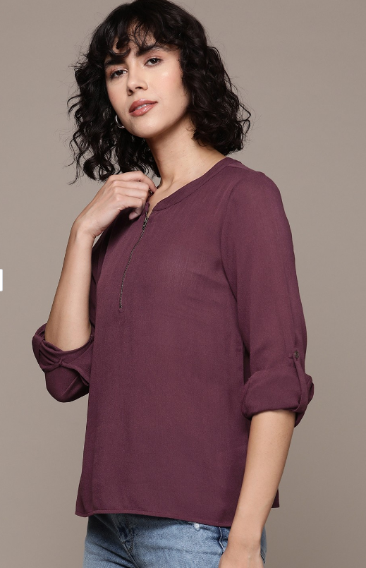 Mandarin Collar Roll-Up Sleeves Top in Berlin