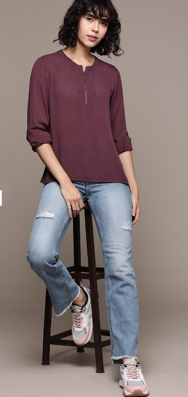 Mandarin Collar Roll-Up Sleeves Top in Berlin